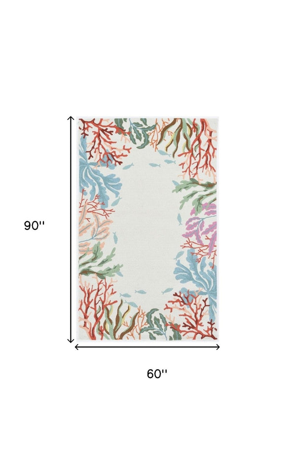 HomeRoots 5' Hand-Tufted Area Rug with Coastal Fish and Coral Design in Ivory, Red, and Pink for Your Home 5' X 7' 375455