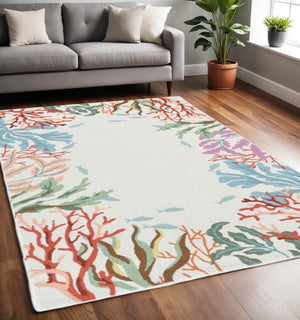 HomeRoots 5' Hand-Tufted Area Rug with Coastal Fish and Coral Design in Ivory, Red, and Pink for Your Home 5' X 7' 375455