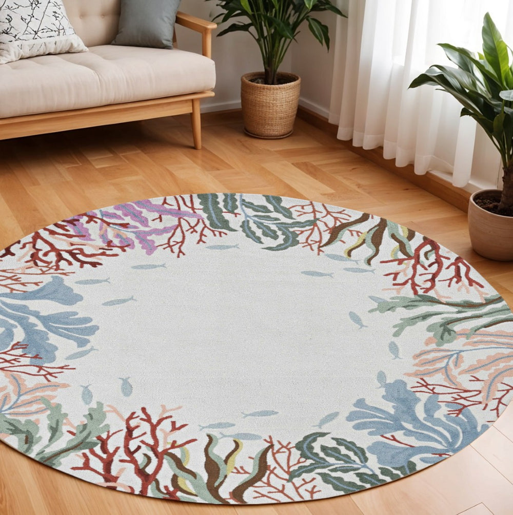 HomeRoots 8' Hand-Hooked Coastal Fish and Coral Rug – Vibrant, Durable, Unique Artisan Design for Any Space 8' Round 375456