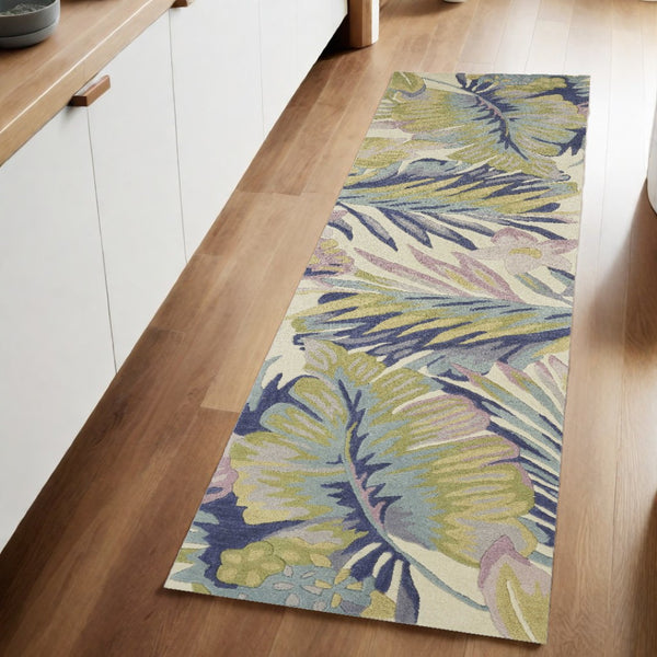 HomeRoots 8' Tropical Botanical Hand-Tufted Wool Runner Rug in Vibrant Green, Pink, and Purple for Home Décor 8' Runner 375465