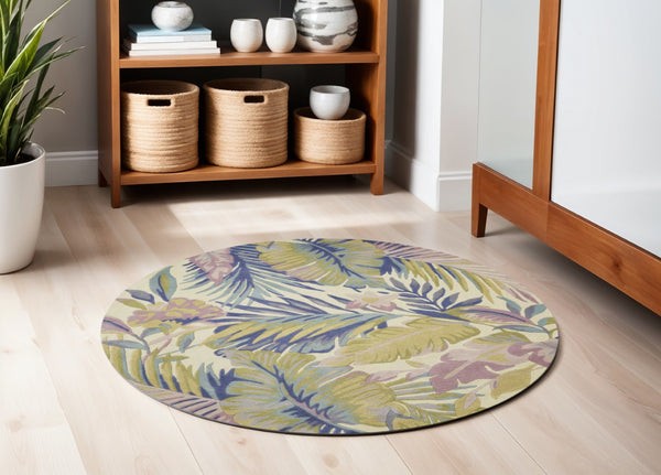 HomeRoots 8' Tropical Botanical Hand-Tufted Wool Runner Rug in Vibrant Green, Pink, and Purple for Home Décor 6' Round 375468