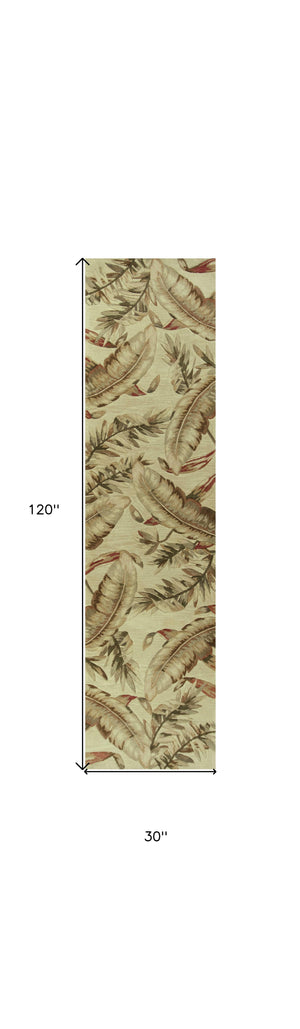 Homeroots 10' Ivory Hand Tufted Tropical Leaves Indoor Runner Rug  Wool 375472