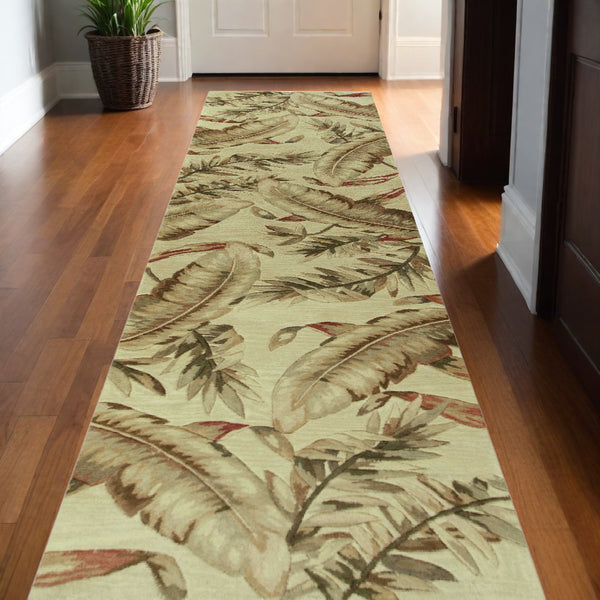 Homeroots 10' Ivory Hand Tufted Tropical Leaves Indoor Runner Rug  Wool 375472