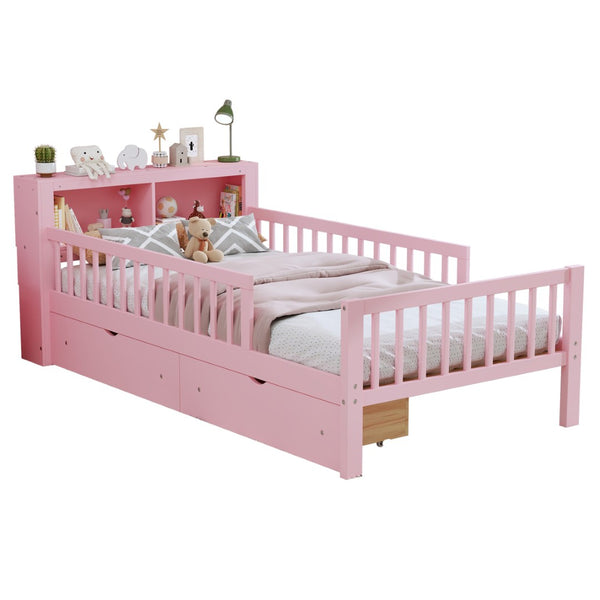 English Elm Twin Size Bed With Pink Finish, Headboard Storage, Under-Bed Drawers & Guardrails For Kids' Safety N733P272374H-GIGA