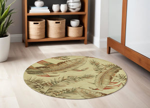 Homeroots 5' Light Brown And Brown Wool Tropical Botanical Hand Tufted Round Rug  Wool 375475