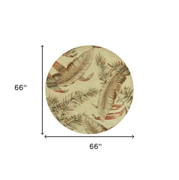 Homeroots 5' Light Brown And Brown Wool Tropical Botanical Hand Tufted Round Rug  Wool 375475