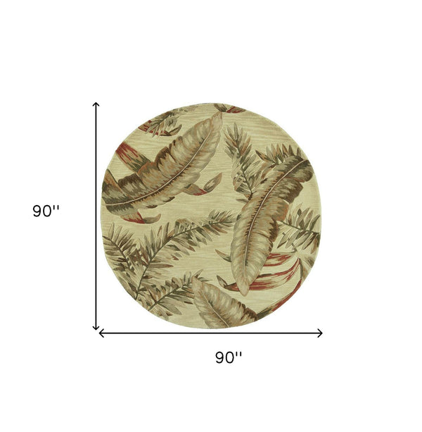 Homeroots 8' Ivory Hand Tufted Tropical Leaves Round Indoor Area Rug  Wool 375476