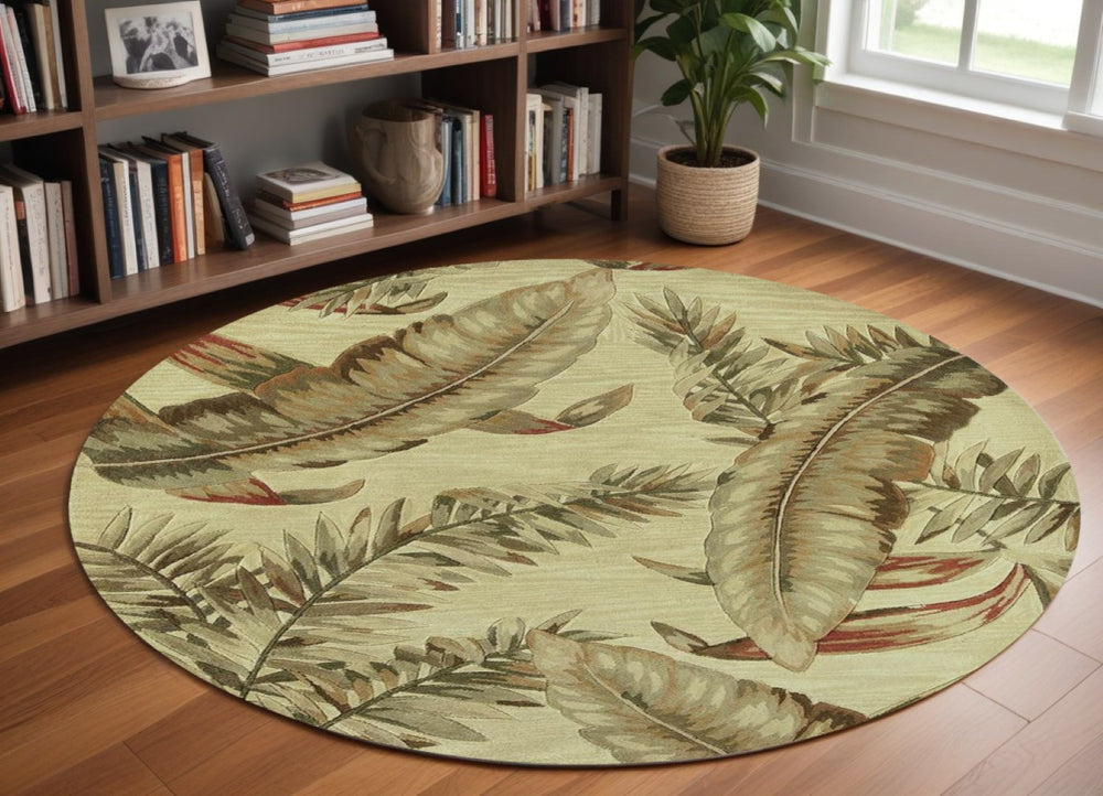 HomeRoots 10' Tropical Botanical Hand-Tufted Wool Runner Rug in Brown, Green, and Red for Vibrant Spaces 8' Round 375476