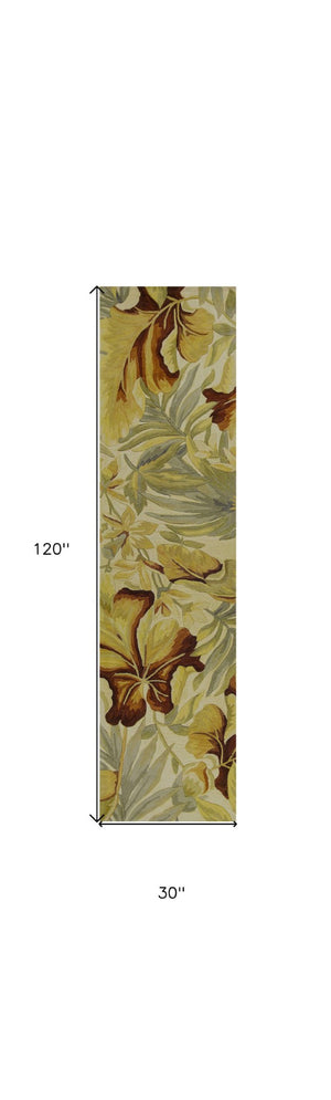 HomeRoots 10' Tropical Botanical Wool Runner Rug - Hand-Tufted Artisan Design in Ivory, Green & Red 10' Runner 375479