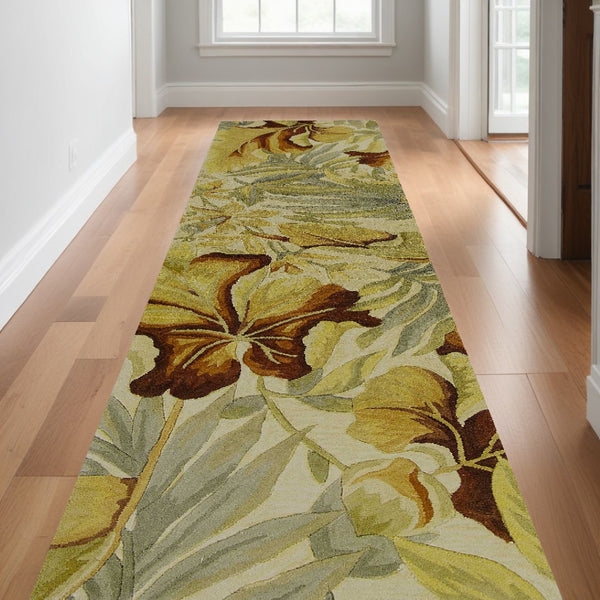 HomeRoots 10' Tropical Botanical Wool Runner Rug - Hand-Tufted Artisan Design in Ivory, Green & Red 10' Runner 375479