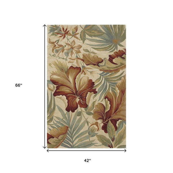 HomeRoots 10' Tropical Botanical Wool Runner Rug - Hand-Tufted Artisan Design in Ivory, Green & Red 3' X 5' 375480
