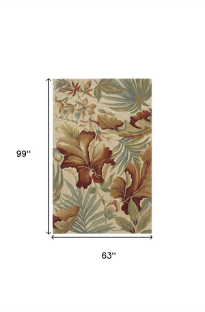 HomeRoots 10' Tropical Botanical Wool Runner Rug - Hand-Tufted Artisan Design in Ivory, Green & Red 5' X 8' 375481