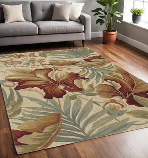 HomeRoots 10' Tropical Botanical Wool Runner Rug - Hand-Tufted Artisan Design in Ivory, Green & Red 5' X 8' 375481