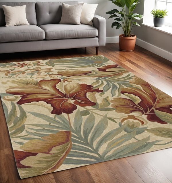 HomeRoots 10' Tropical Botanical Wool Runner Rug - Hand-Tufted Artisan Design in Ivory, Green & Red 5' X 8' 375481