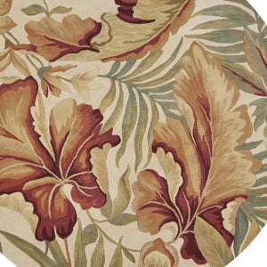 HomeRoots 10' Tropical Botanical Wool Runner Rug - Hand-Tufted Artisan Design in Ivory, Green & Red 6' Round 375482