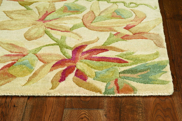 HomeRoots 10' Tropical Botanical Wool Runner Rug - Hand-Tufted Artisan Design in Ivory, Green & Red 6' Round 375482