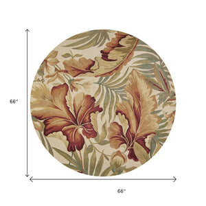 HomeRoots 10' Tropical Botanical Wool Runner Rug - Hand-Tufted Artisan Design in Ivory, Green & Red 6' Round 375482
