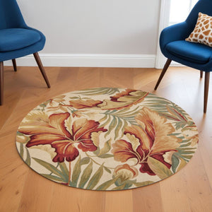 HomeRoots 10' Tropical Botanical Wool Runner Rug - Hand-Tufted Artisan Design in Ivory, Green & Red 6' Round 375482