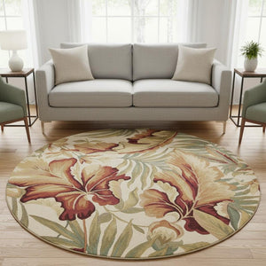 HomeRoots 10' Tropical Botanical Wool Runner Rug - Hand-Tufted Artisan Design in Ivory, Green & Red 8' Round 375483