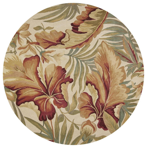 HomeRoots 10' Tropical Botanical Wool Runner Rug - Hand-Tufted Artisan Design in Ivory, Green & Red 8' Round 375483
