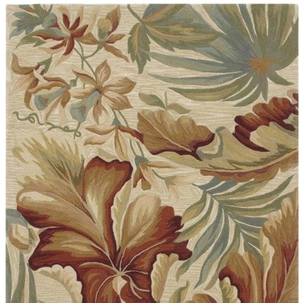 HomeRoots 10' Tropical Botanical Wool Runner Rug - Hand-Tufted Artisan Design in Ivory, Green & Red 8' X 10' 375484