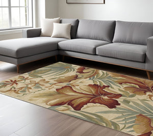 HomeRoots 10' Tropical Botanical Wool Runner Rug - Hand-Tufted Artisan Design in Ivory, Green & Red 8' X 10' 375484