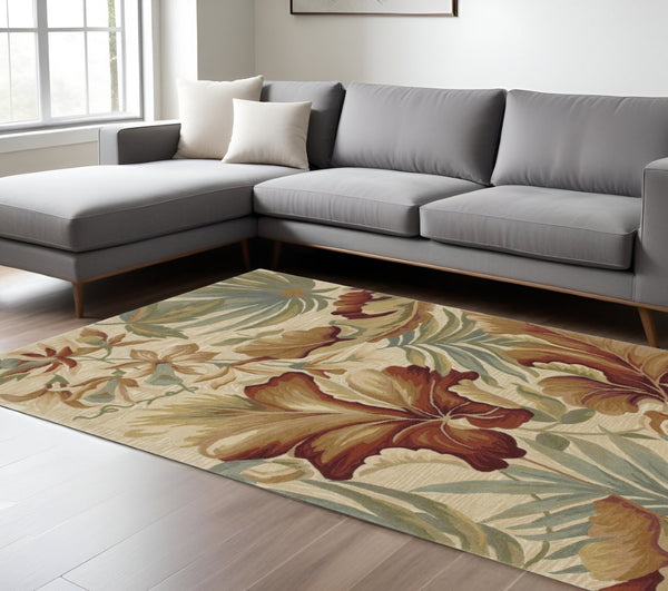 HomeRoots 10' Tropical Botanical Wool Runner Rug - Hand-Tufted Artisan Design in Ivory, Green & Red 8' X 10' 375484