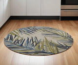 Homeroots 5' Ivory Green And Blue Wool Tropical Botanical Hand Tufted Round Rug  Wool 375489