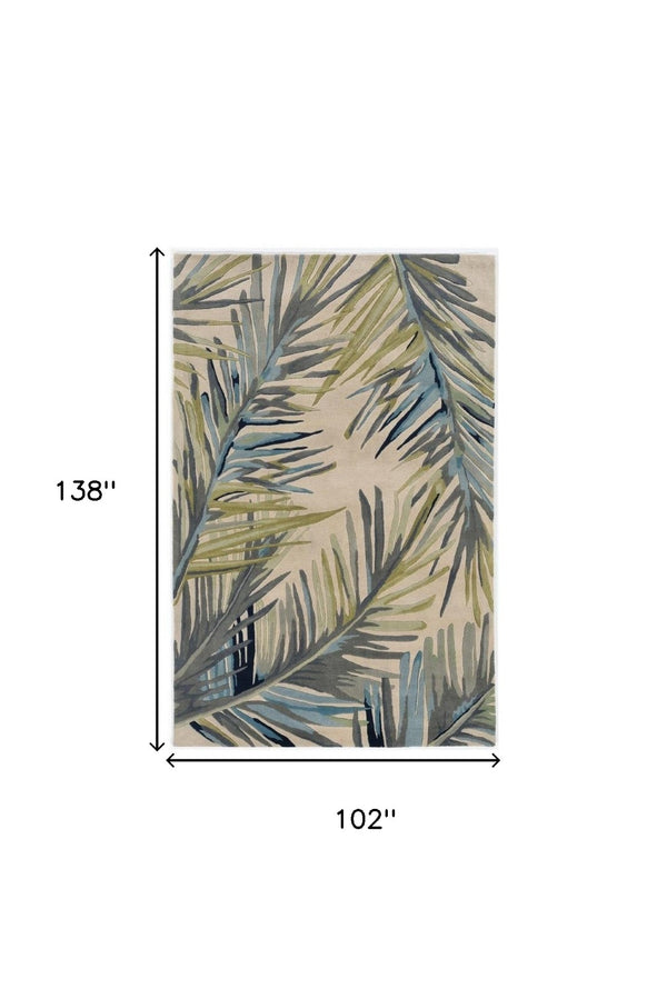 HomeRoots 9' Tropical Botanical Wool Area Rug – Hand-Tufted Ivory, Blue & Green Design for Cozy Elegance 9' X 12' 375492