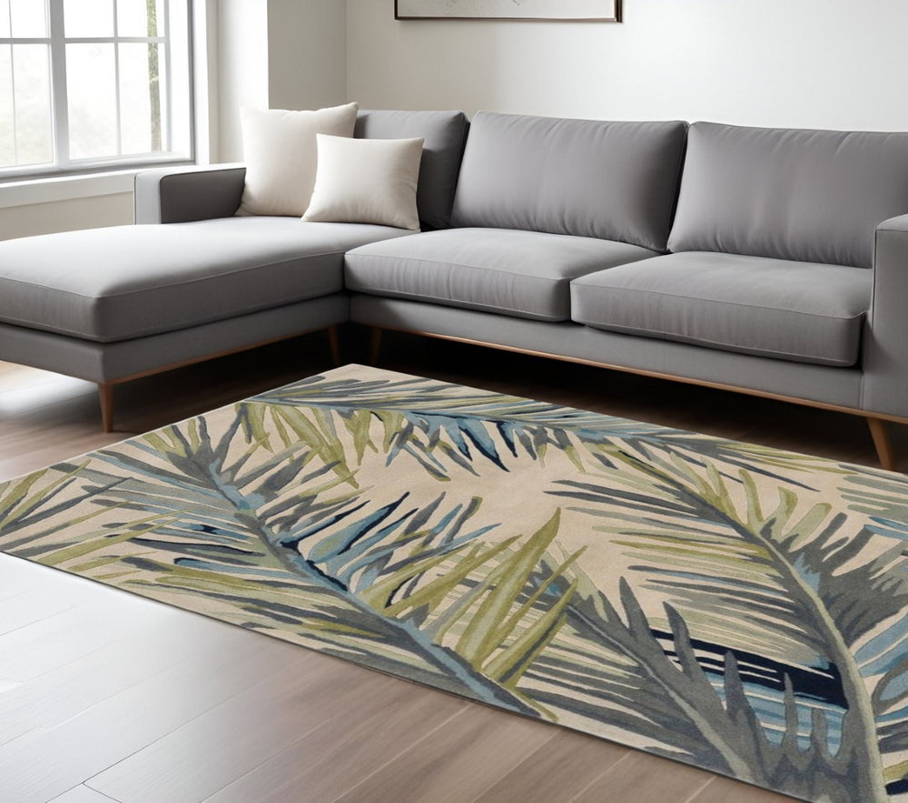 HomeRoots 9' Tropical Botanical Wool Area Rug – Hand-Tufted Ivory, Blue & Green Design for Cozy Elegance 9' X 12' 375492