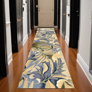 Homeroots 2' X 10' Blue Tropical Leaves Wool Indoor Runner Rug  Wool 375493