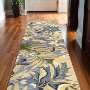 HomeRoots 10' Tropical Botanical Hand-Tufted Wool Runner Rug in Blue, Beige & Green for Elegant Spaces 10' Runner 375493