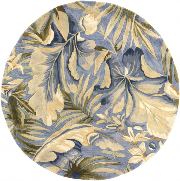 Homeroots 3' X 5' Blue Tropical Leaves Wool Indoor Area Rug  Wool 375494