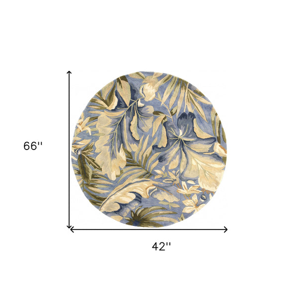 Homeroots 3' X 5' Blue Tropical Leaves Wool Indoor Area Rug  Wool 375494