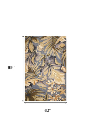 Homeroots 5' X 8' Blue Hand Tufted Tropical Plants Indoor Area Rug  Wool 375495