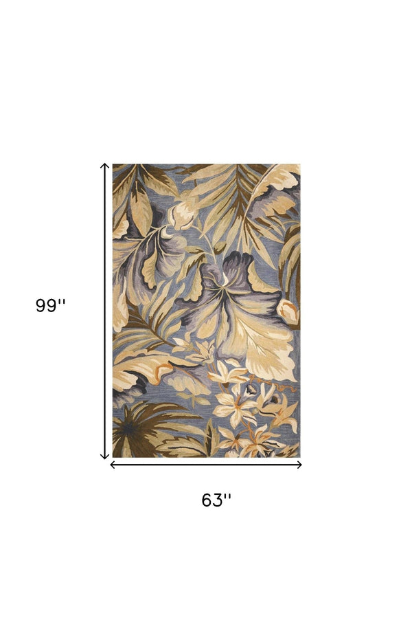 Homeroots 5' X 8' Blue Hand Tufted Tropical Plants Indoor Area Rug  Wool 375495