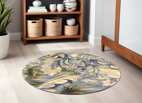 HomeRoots 10' Tropical Botanical Hand-Tufted Wool Runner Rug in Blue, Beige & Green for Elegant Spaces 6' Round 375496
