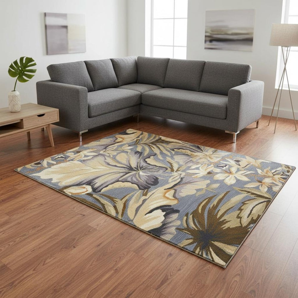 HomeRoots 9' Hand-Tufted Wool Tropical Botanical Area Rug in Soothing Blue, Beige & Green for Modern Spaces 9' X 12' 375499