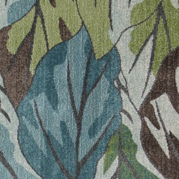 HomeRoots 5' Botanical Leaves Area Rug in Ivory, Blue & Green - Soft, Durable, Stain-Resistant for Any Space 5' X 8' 375508