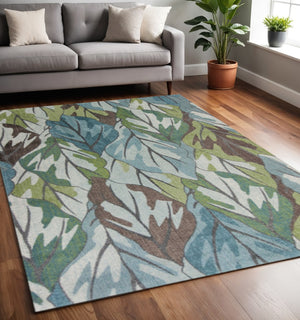 HomeRoots 5' Botanical Leaves Area Rug in Ivory, Blue & Green - Soft, Durable, Stain-Resistant for Any Space 5' X 8' 375508