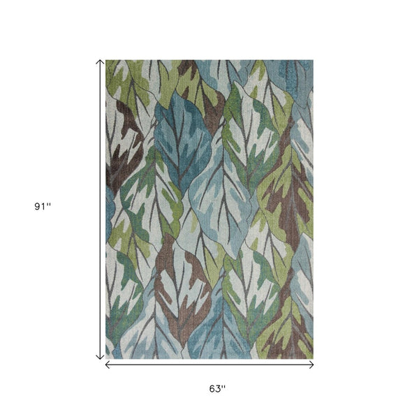 HomeRoots 5' Botanical Leaves Area Rug in Ivory, Blue & Green - Soft, Durable, Stain-Resistant for Any Space 5' X 8' 375508