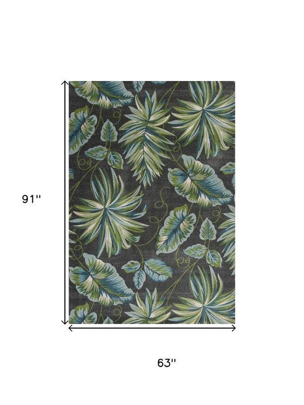HomeRoots 5' Botanical Leaves Area Rug in Gray, Teal, and Green – Stylish, Durable, and Kid-Friendly Comfort 5' X 8' 375512