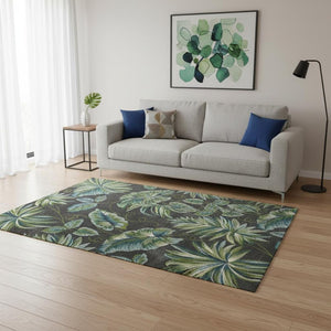 HomeRoots 5' Botanical Leaves Area Rug in Gray, Teal, and Green – Stylish, Durable, and Kid-Friendly Comfort 5' X 8' 375512