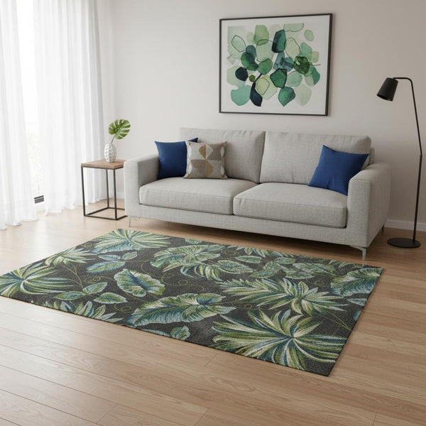 HomeRoots 5' Botanical Leaves Area Rug in Gray, Teal, and Green – Stylish, Durable, and Kid-Friendly Comfort 5' X 8' 375512