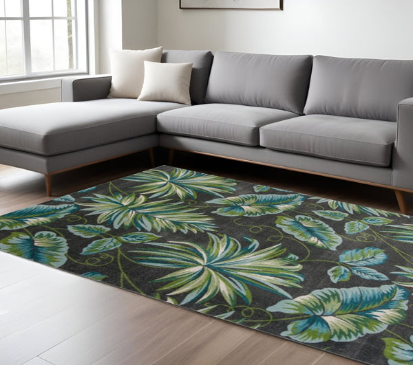 HomeRoots 5' Botanical Leaves Area Rug in Gray, Teal, and Green – Stylish, Durable, and Kid-Friendly Comfort 8' X 11' 375513