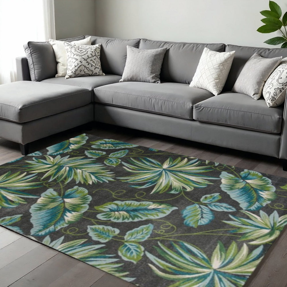HomeRoots 10' Contemporary Botanical Leaves Area Rug in Gray, Teal & Green - Stylish, Durable & Easy-Care Design 10' X 13' 375514