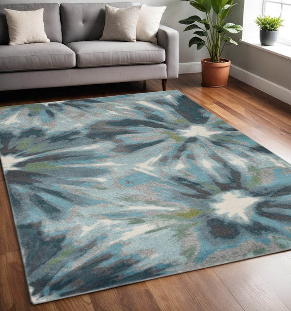 HomeRoots 5' Teal, Ivory, and Gray Floral Area Rug - Durable, Stain Resistant Design for Timeless Elegance 5' X 8' 375516