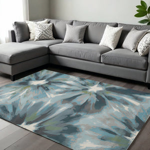 HomeRoots 10' Elegant Teal Ivory Gray Floral Area Rug - Stylish, Durable Design for High-Traffic Spaces 10' X 13' 375518