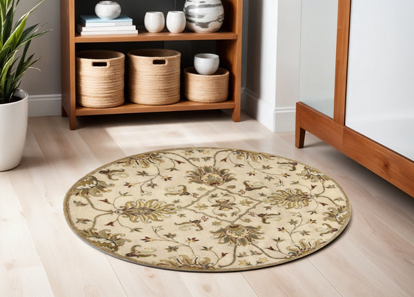 HomeRoots 8' Hand-Tufted Wool Runner Rug with Elegant Floral Medallion Design for Hallways and Entryways 5' Round 375530