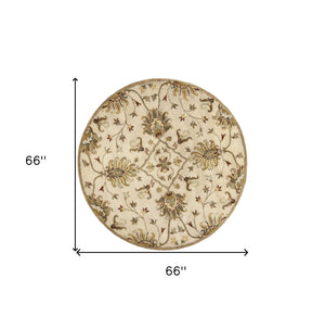 Homeroots 5' Round Champagne Floral Vine Wool Indoor Area Rug  Wool 375530